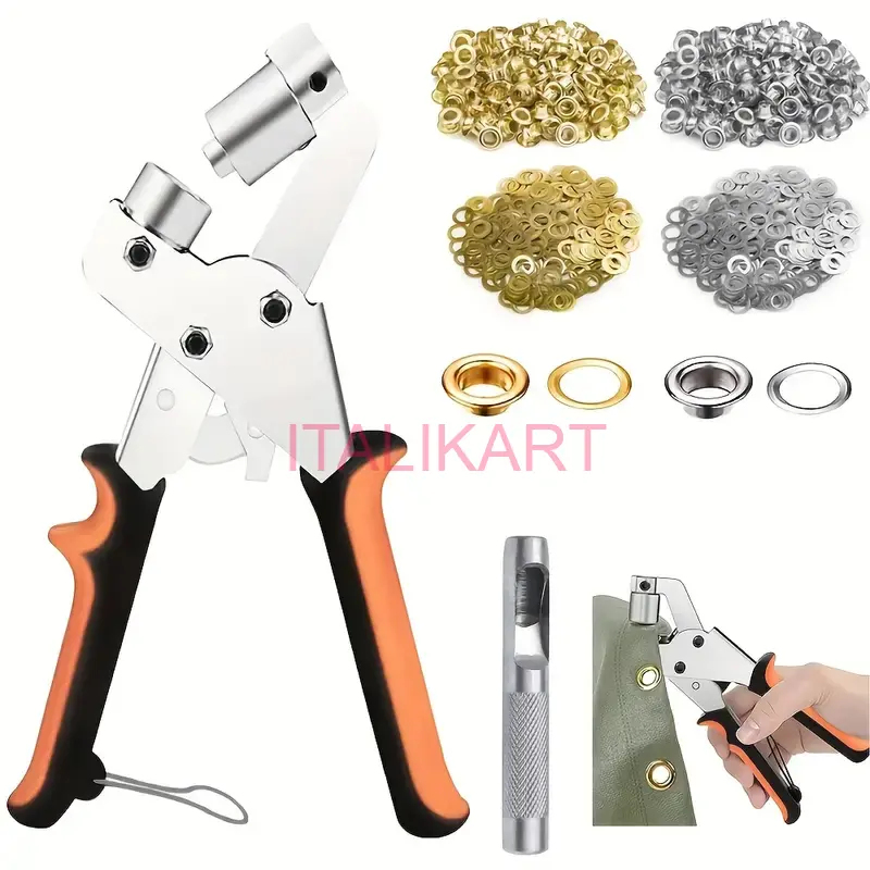 Set CLESTE MANUAL cu PREDUCEA DECUPARE include SI 200 OCHETI ARGINTII 10 mm diametru interior  metal cu Saiba croitorie pielarie prelate ateliere hobby diy ITALIKART